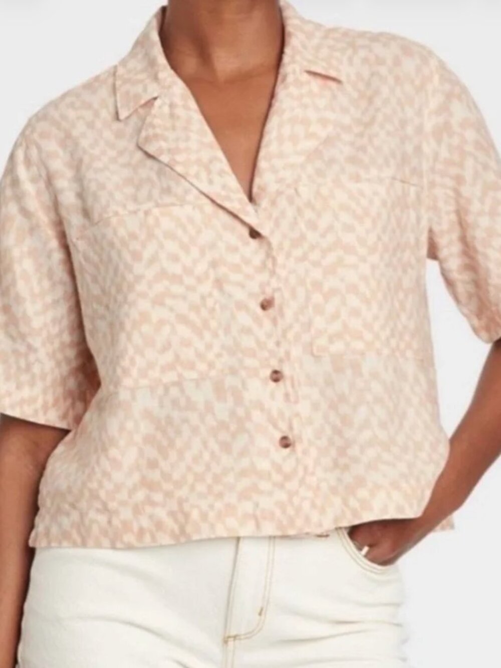 Universal Thread Linen Blend Button-Up Shirt Blouse | Beige Cream Print | sz L